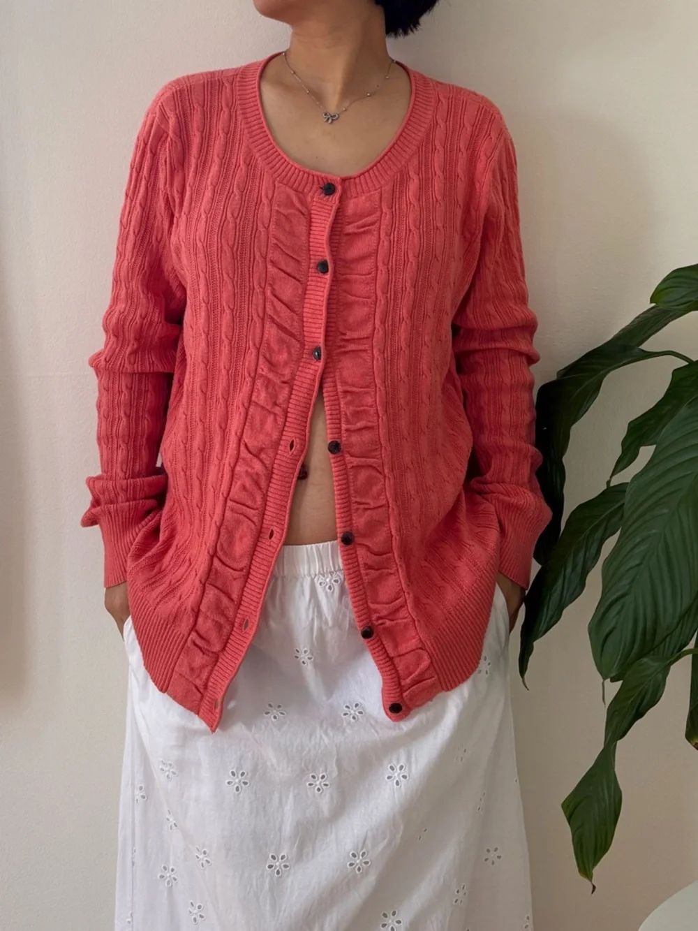 Eddie Bauer Cotton Blend Cable Knit Ruffle Accent Coral Pink Cardigan Size XL